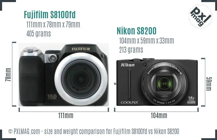 Fujifilm S8100fd vs Nikon S8200 size comparison
