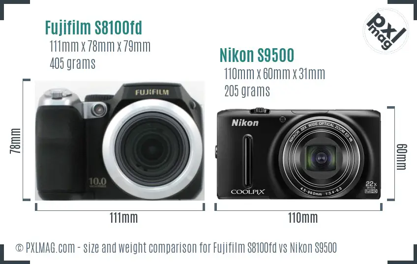 Fujifilm S8100fd vs Nikon S9500 size comparison