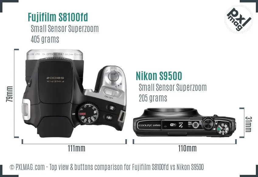 Fujifilm S8100fd vs Nikon S9500 top view buttons comparison