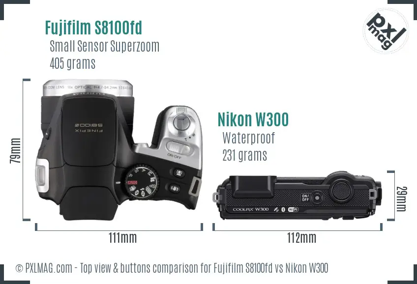 Fujifilm S8100fd vs Nikon W300 top view buttons comparison