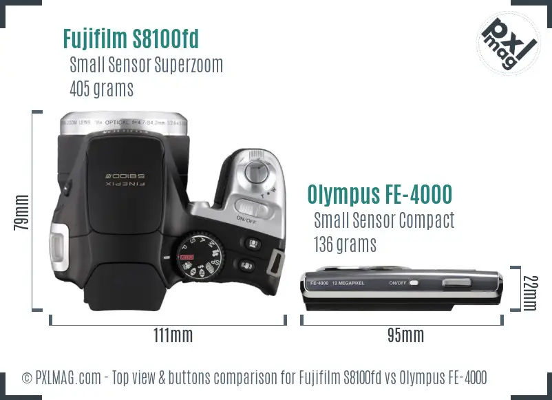 Fujifilm S8100fd vs Olympus FE-4000 top view buttons comparison