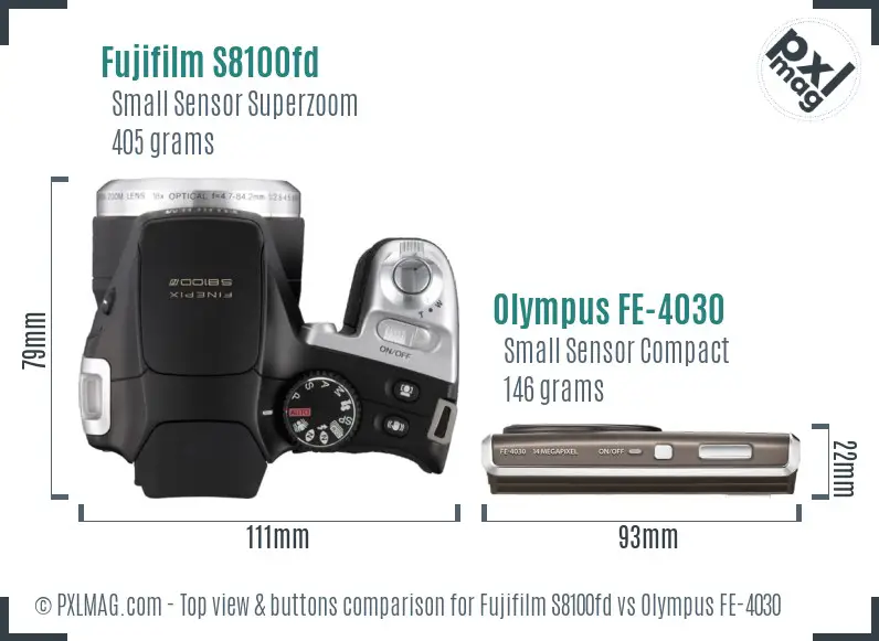 Fujifilm S8100fd vs Olympus FE-4030 top view buttons comparison Fujifilm S8100fd vs Olympus FE-4030 top view buttons comparison