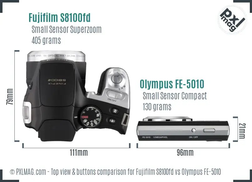 Fujifilm S8100fd vs Olympus FE-5010 top view buttons comparison Fujifilm S8100fd vs Olympus FE-5010 top view buttons comparison