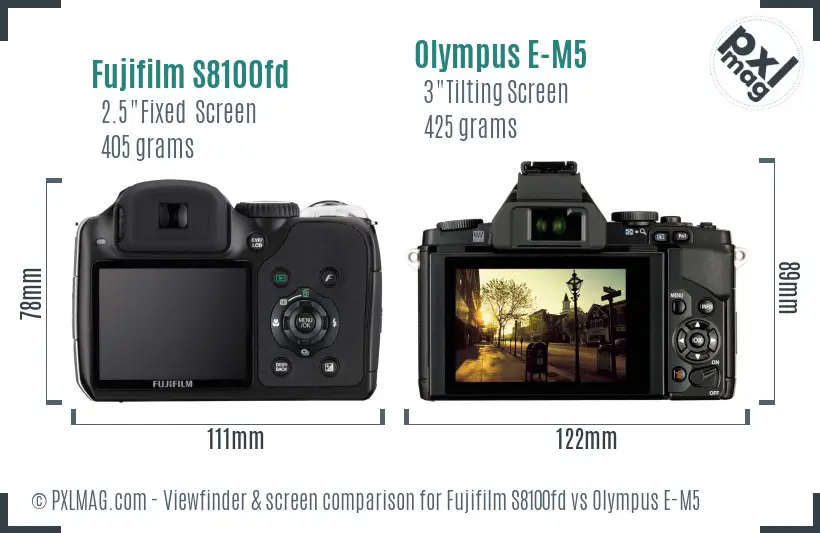 Fujifilm S8100fd vs Olympus E-M5 Screen and Viewfinder comparison