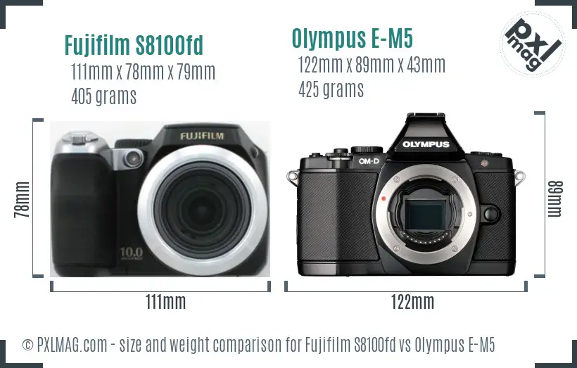 Fujifilm S8100fd vs Olympus E-M5 size comparison