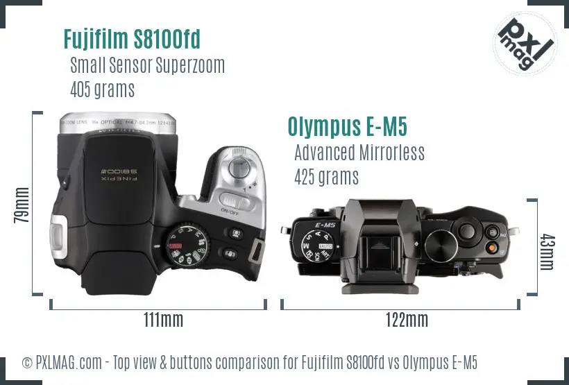 Fujifilm S8100fd vs Olympus E-M5 top view buttons comparison