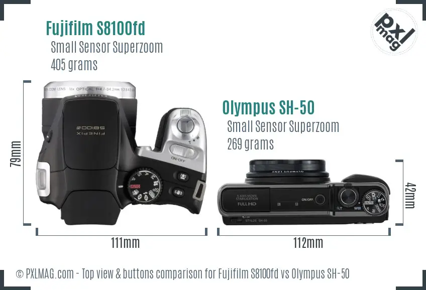 Fujifilm S8100fd vs Olympus SH-50 top view buttons comparison Fujifilm S8100fd vs Olympus SH-50 top view buttons comparison
