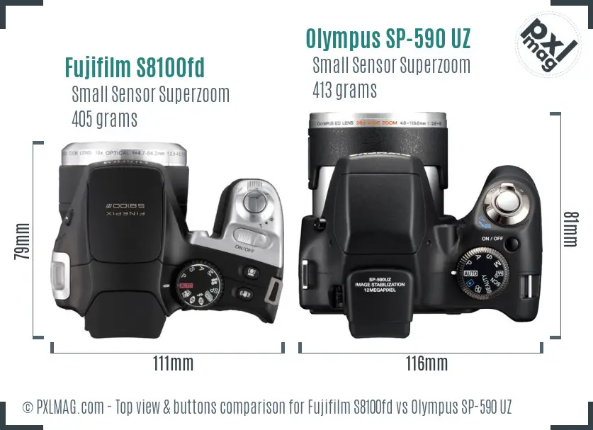 Fujifilm S8100fd vs Olympus SP-590 UZ top view buttons comparison