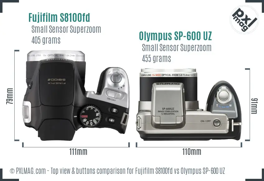 Fujifilm S8100fd vs Olympus SP-600 UZ top view buttons comparison