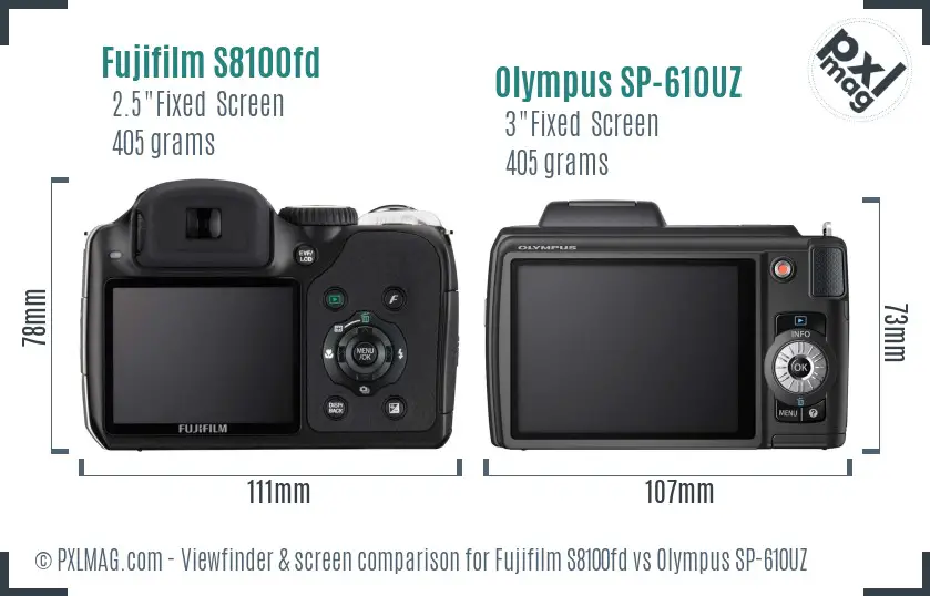 Fujifilm S8100fd vs Olympus SP-610UZ Screen and Viewfinder comparison