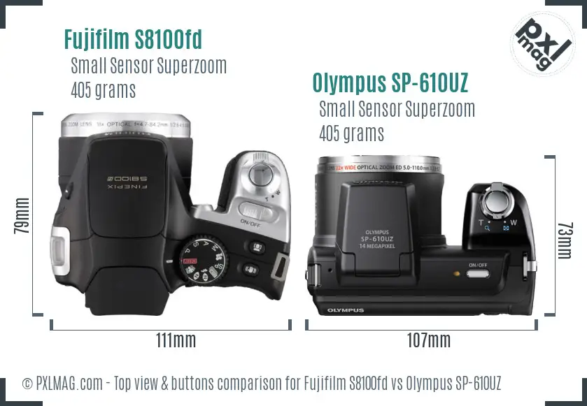 Fujifilm S8100fd vs Olympus SP-610UZ top view buttons comparison