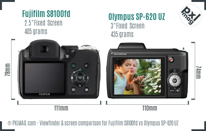 Fujifilm S8100fd vs Olympus SP-620 UZ Screen and Viewfinder comparison