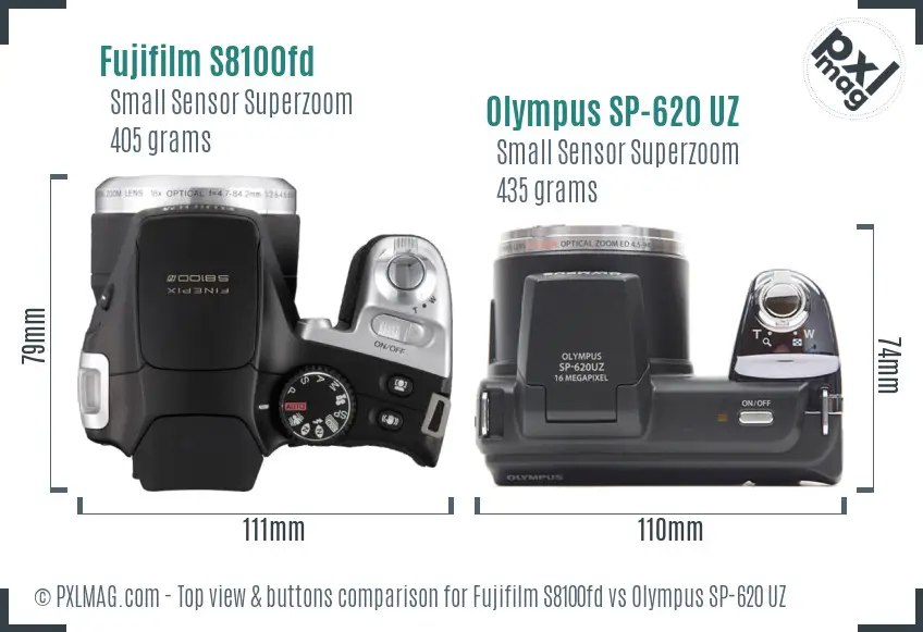 Fujifilm S8100fd vs Olympus SP-620 UZ top view buttons comparison