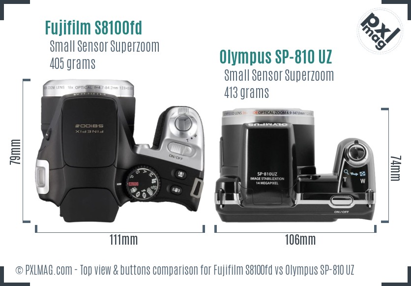 Fujifilm S8100fd vs Olympus SP-810 UZ top view buttons comparison