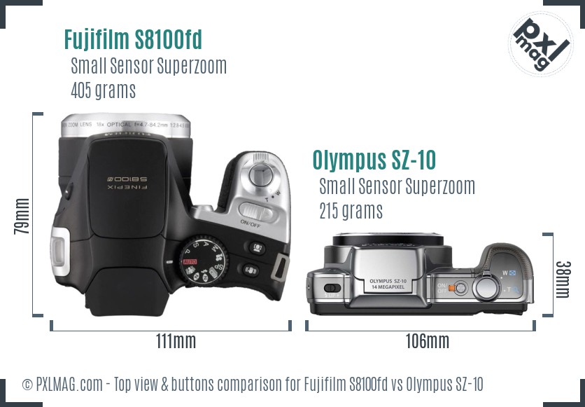 Fujifilm S8100fd vs Olympus SZ-10 top view buttons comparison