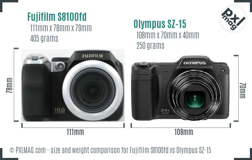 Fujifilm S8100fd vs Olympus SZ-15 size comparison