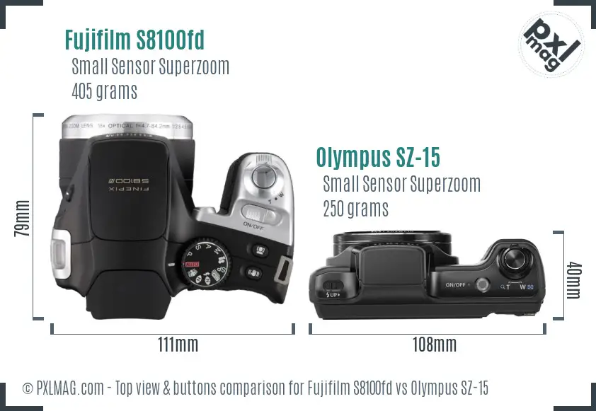 Fujifilm S8100fd vs Olympus SZ-15 top view buttons comparison