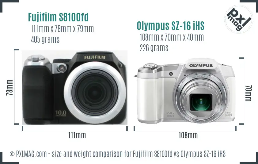 Fujifilm S8100fd vs Olympus SZ-16 iHS size comparison Fujifilm S8100fd vs Olympus SZ-16 iHS size comparison