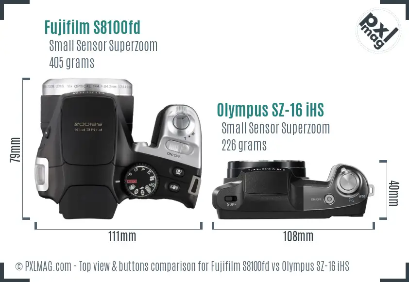 Fujifilm S8100fd vs Olympus SZ-16 iHS top view buttons comparison Fujifilm S8100fd vs Olympus SZ-16 iHS top view buttons comparison