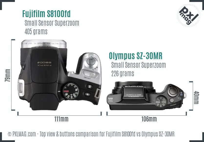 Fujifilm S8100fd vs Olympus SZ-30MR top view buttons comparison