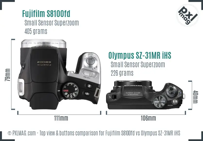 Fujifilm S8100fd vs Olympus SZ-31MR iHS top view buttons comparison Fujifilm S8100fd vs Olympus SZ-31MR iHS top view buttons comparison