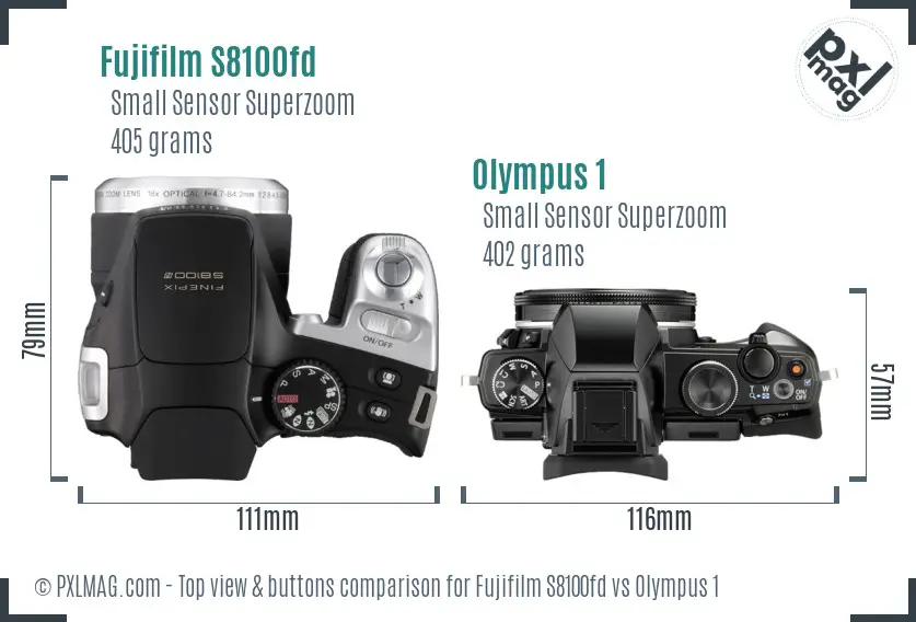 Fujifilm S8100fd vs Olympus 1 top view buttons comparison