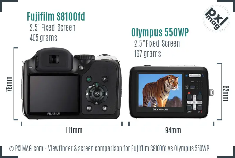 Fujifilm S8100fd vs Olympus 550WP Screen and Viewfinder comparison