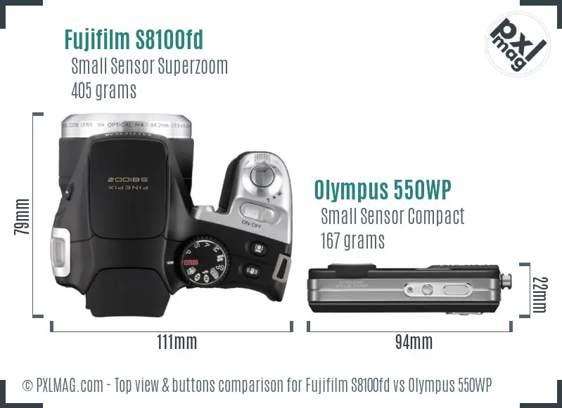 Fujifilm S8100fd vs Olympus 550WP top view buttons comparison