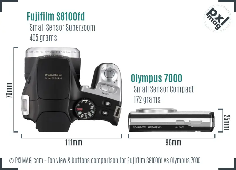 Fujifilm S8100fd vs Olympus 7000 top view buttons comparison