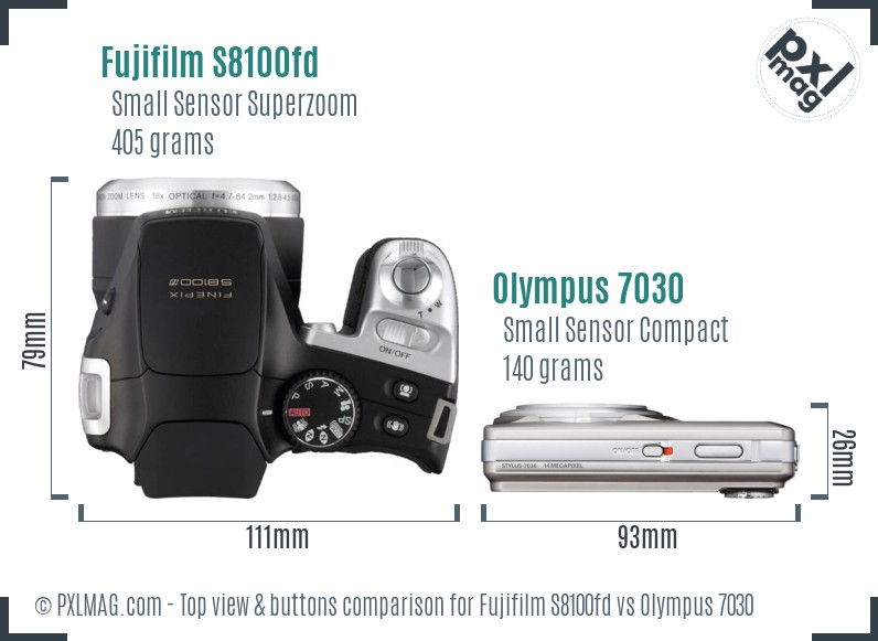Fujifilm S8100fd vs Olympus 7030 top view buttons comparison