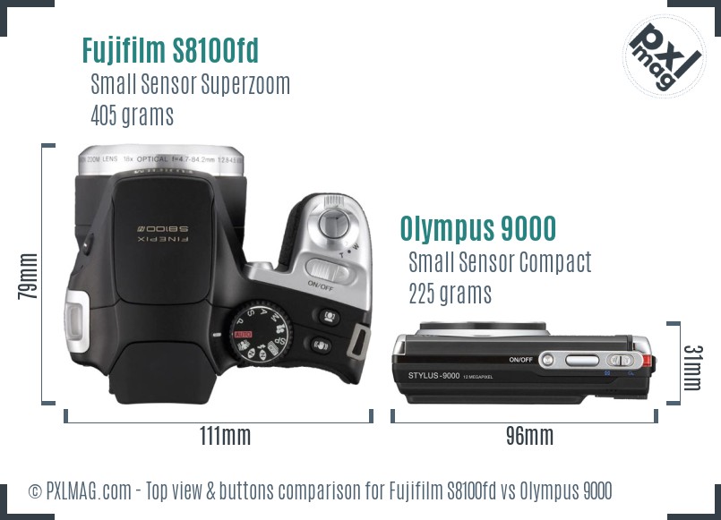 Fujifilm S8100fd vs Olympus 9000 top view buttons comparison
