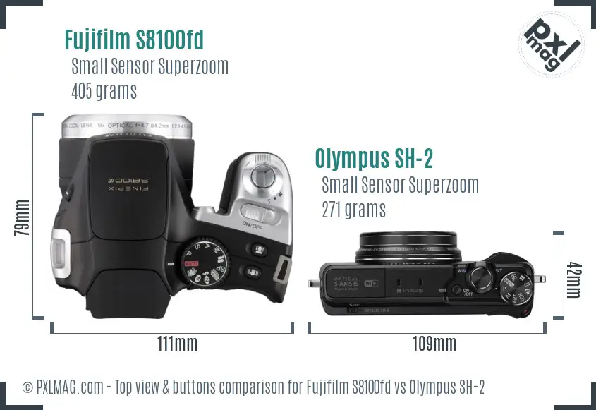 Fujifilm S8100fd vs Olympus SH-2 top view buttons comparison