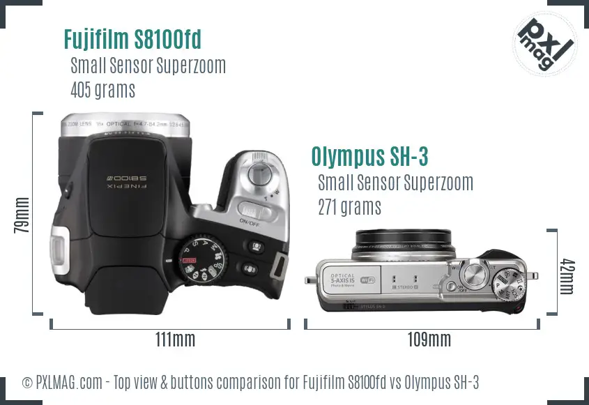 Fujifilm S8100fd vs Olympus SH-3 top view buttons comparison