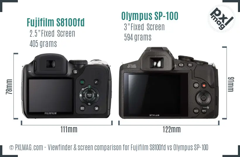 Fujifilm S8100fd vs Olympus SP-100 Screen and Viewfinder comparison