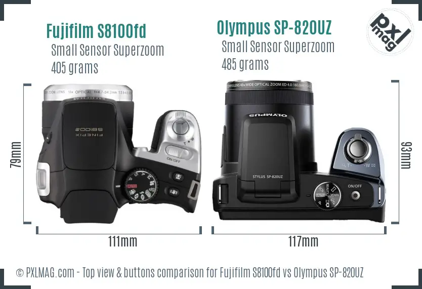 Fujifilm S8100fd vs Olympus SP-820UZ top view buttons comparison Fujifilm S8100fd vs Olympus SP-820UZ top view buttons comparison