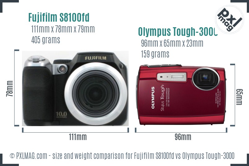 Fujifilm S8100fd vs Olympus Tough-3000 size comparison Fujifilm S8100fd vs Olympus Tough-3000 size comparison