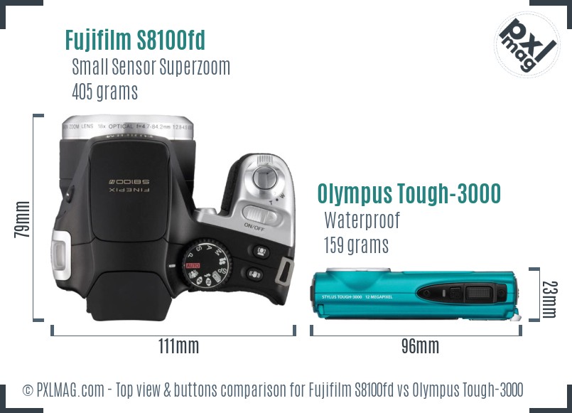 Fujifilm S8100fd vs Olympus Tough-3000 top view buttons comparison