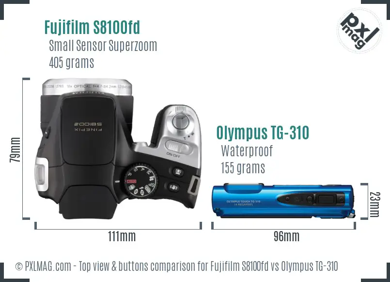 Fujifilm S8100fd vs Olympus TG-310 top view buttons comparison