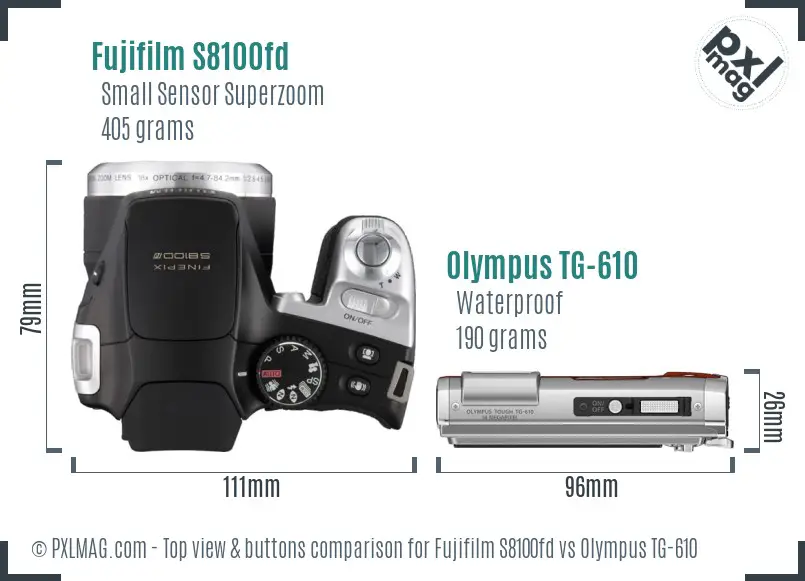Fujifilm S8100fd vs Olympus TG-610 top view buttons comparison