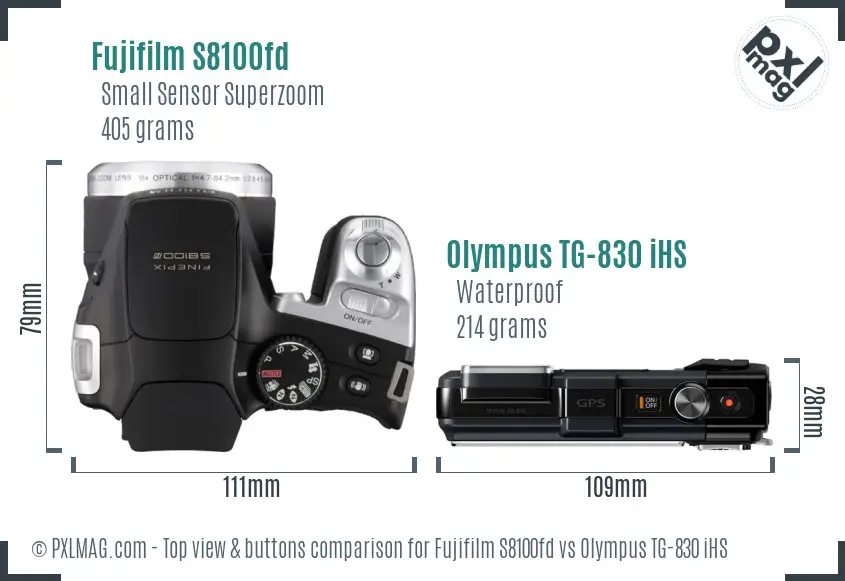 Fujifilm S8100fd vs Olympus TG-830 iHS top view buttons comparison