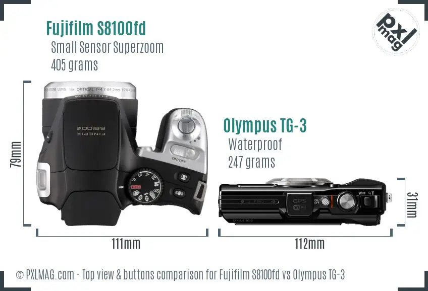 Fujifilm S8100fd vs Olympus TG-3 top view buttons comparison
