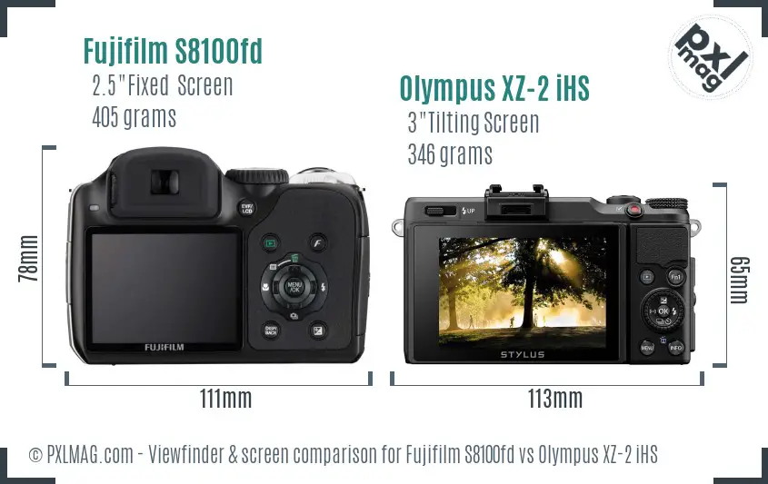 Fujifilm S8100fd vs Olympus XZ-2 iHS Screen and Viewfinder comparison