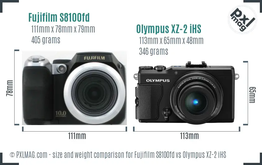 Fujifilm S8100fd vs Olympus XZ-2 iHS size comparison