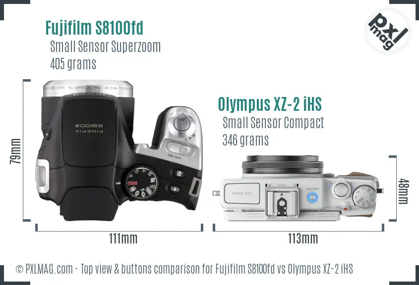 Fujifilm S8100fd vs Olympus XZ-2 iHS top view buttons comparison