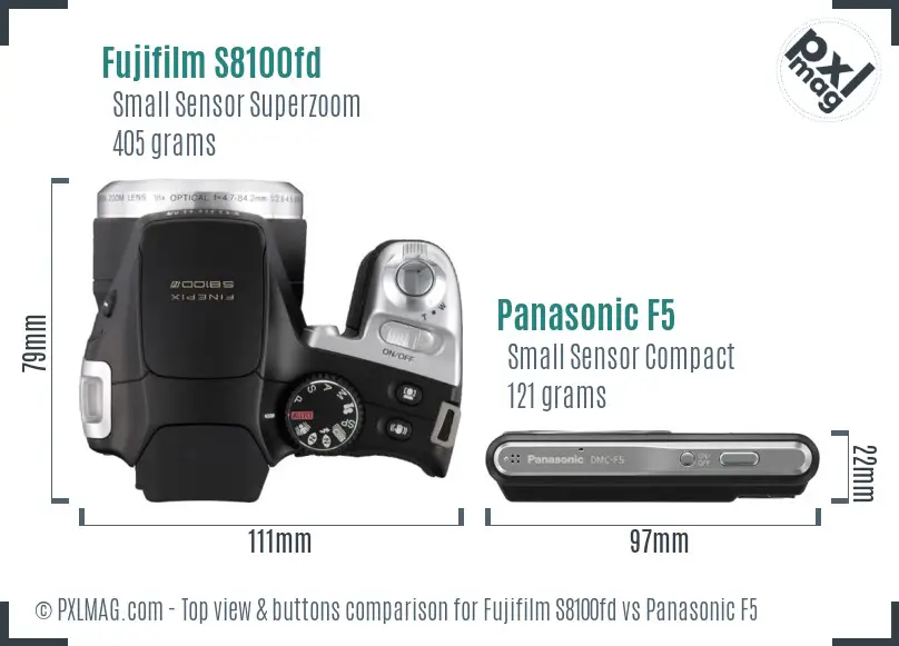 Fujifilm S8100fd vs Panasonic F5 top view buttons comparison