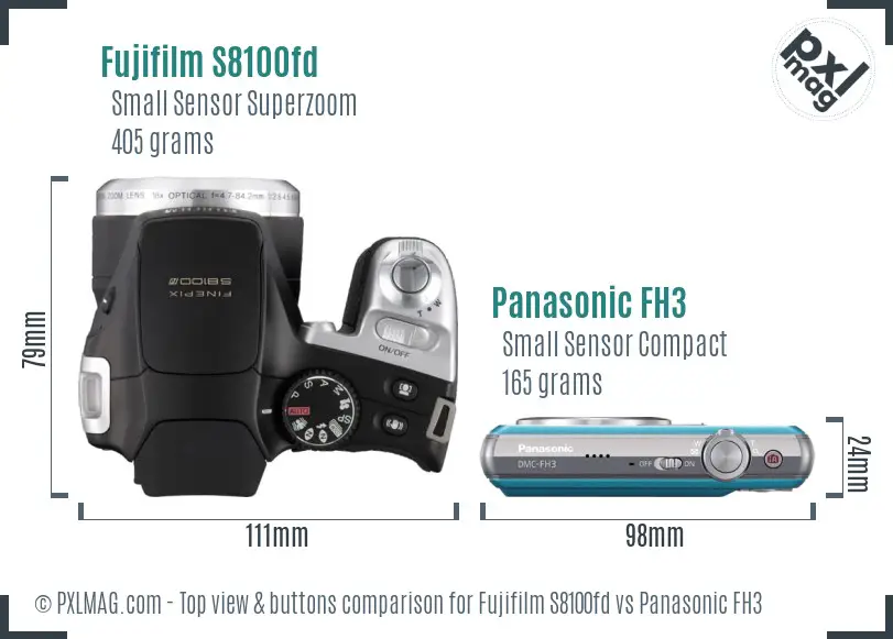 Fujifilm S8100fd vs Panasonic FH3 top view buttons comparison Fujifilm S8100fd vs Panasonic FH3 top view buttons comparison