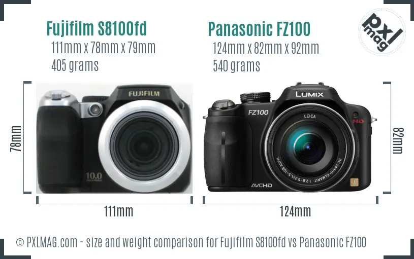 Fujifilm S8100fd vs Panasonic FZ100 size comparison