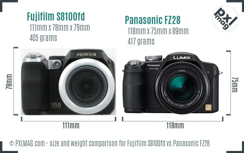 Fujifilm S8100fd vs Panasonic FZ28 size comparison