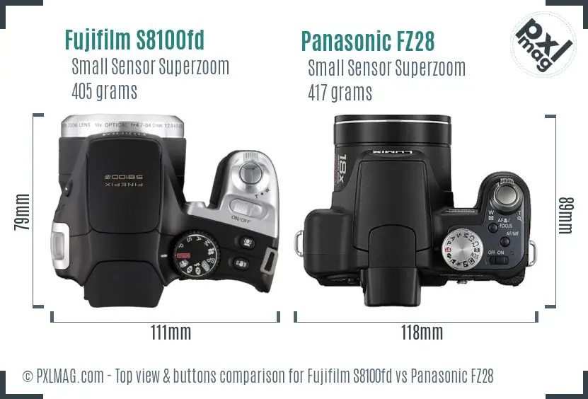 Fujifilm S8100fd vs Panasonic FZ28 top view buttons comparison