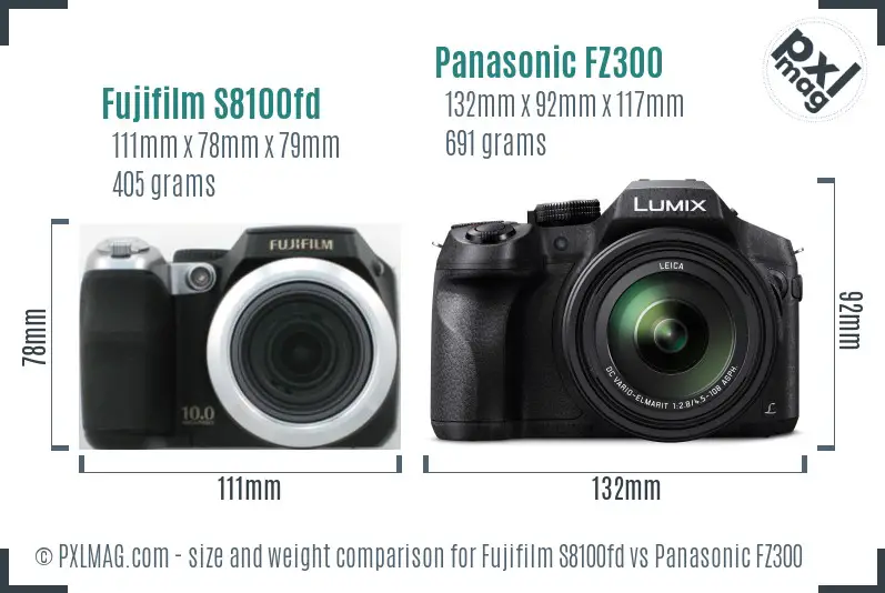 Fujifilm S8100fd vs Panasonic FZ300 size comparison